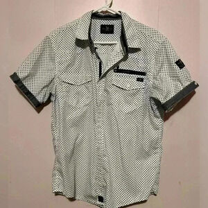 Marc Ecko Cuts Sew Shirt Mens Sz L Blue White Patterned Button Up Short Sleeve
